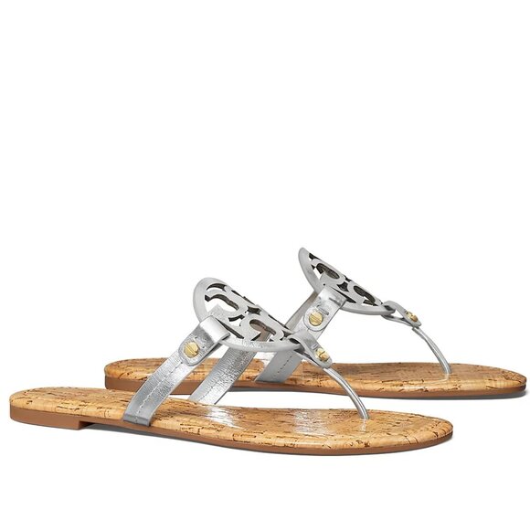Tory Burch $228 Miller Sandals Patent Leather Silver Gold Rivets Cork 6 9.5 10 - Picture 10 of 10